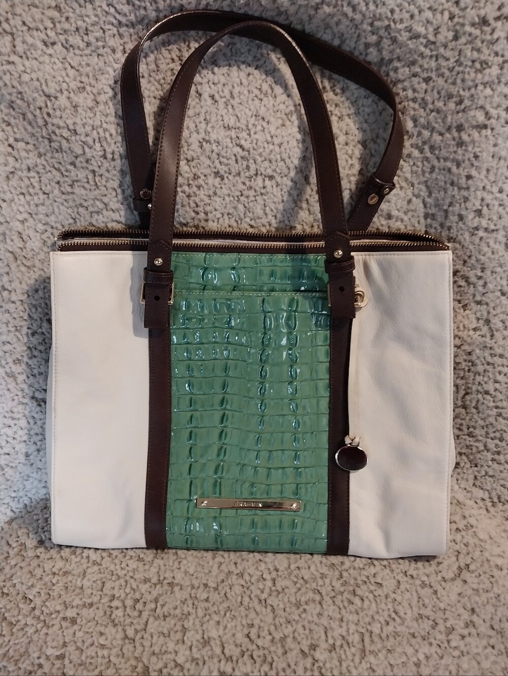 Brahmin White Tote with Teal Croc-Accent and Brown Trim